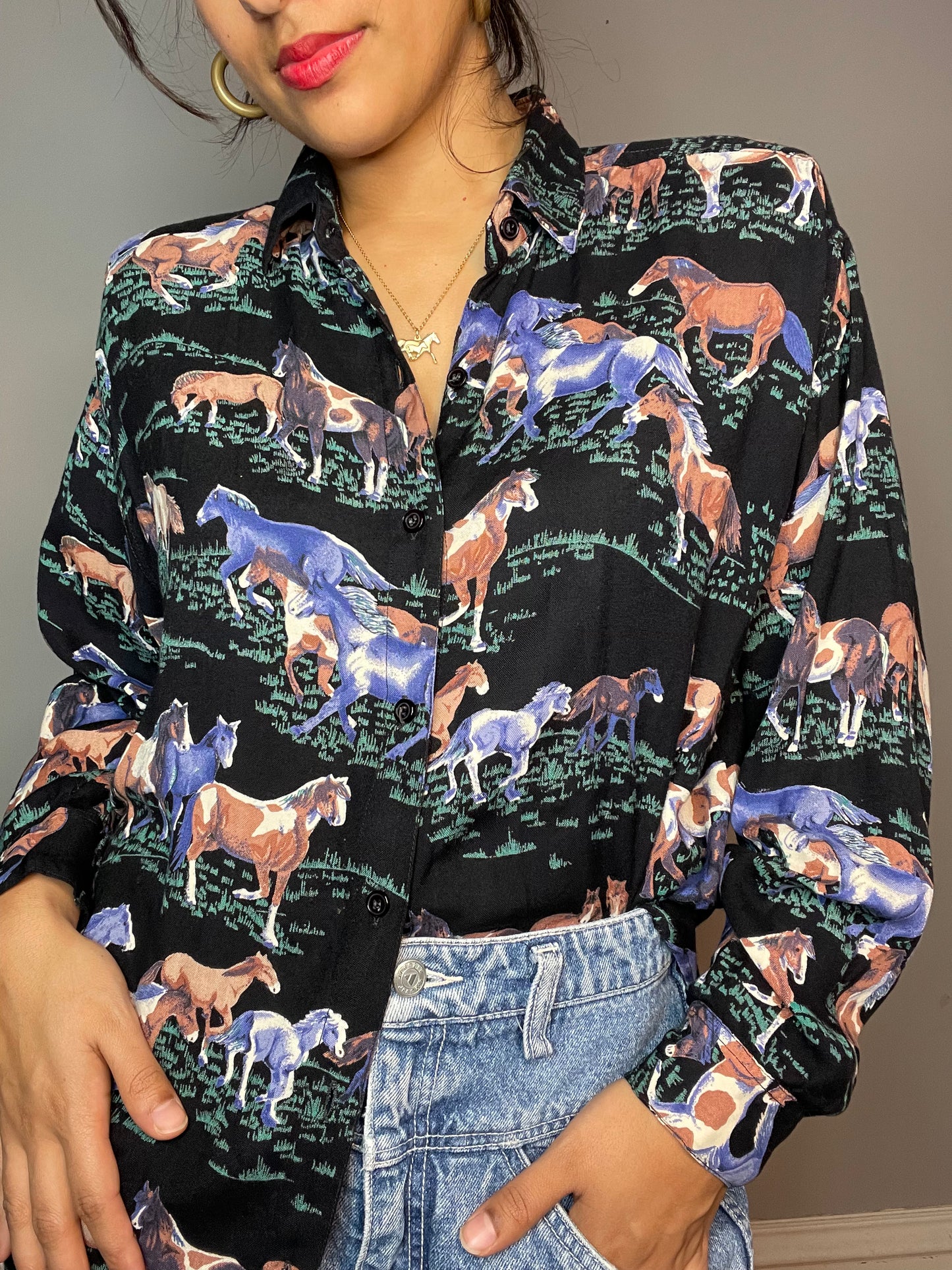Vintage Black Equestrian Print Blouse (XS/S)
