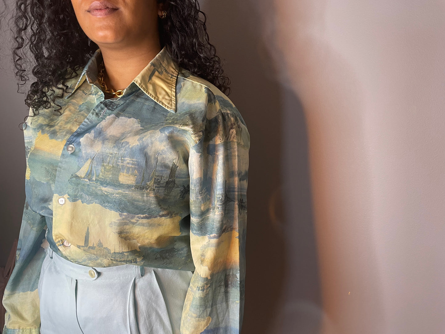 Vintage 1970s Cloud Print Disco Shirt (Large)