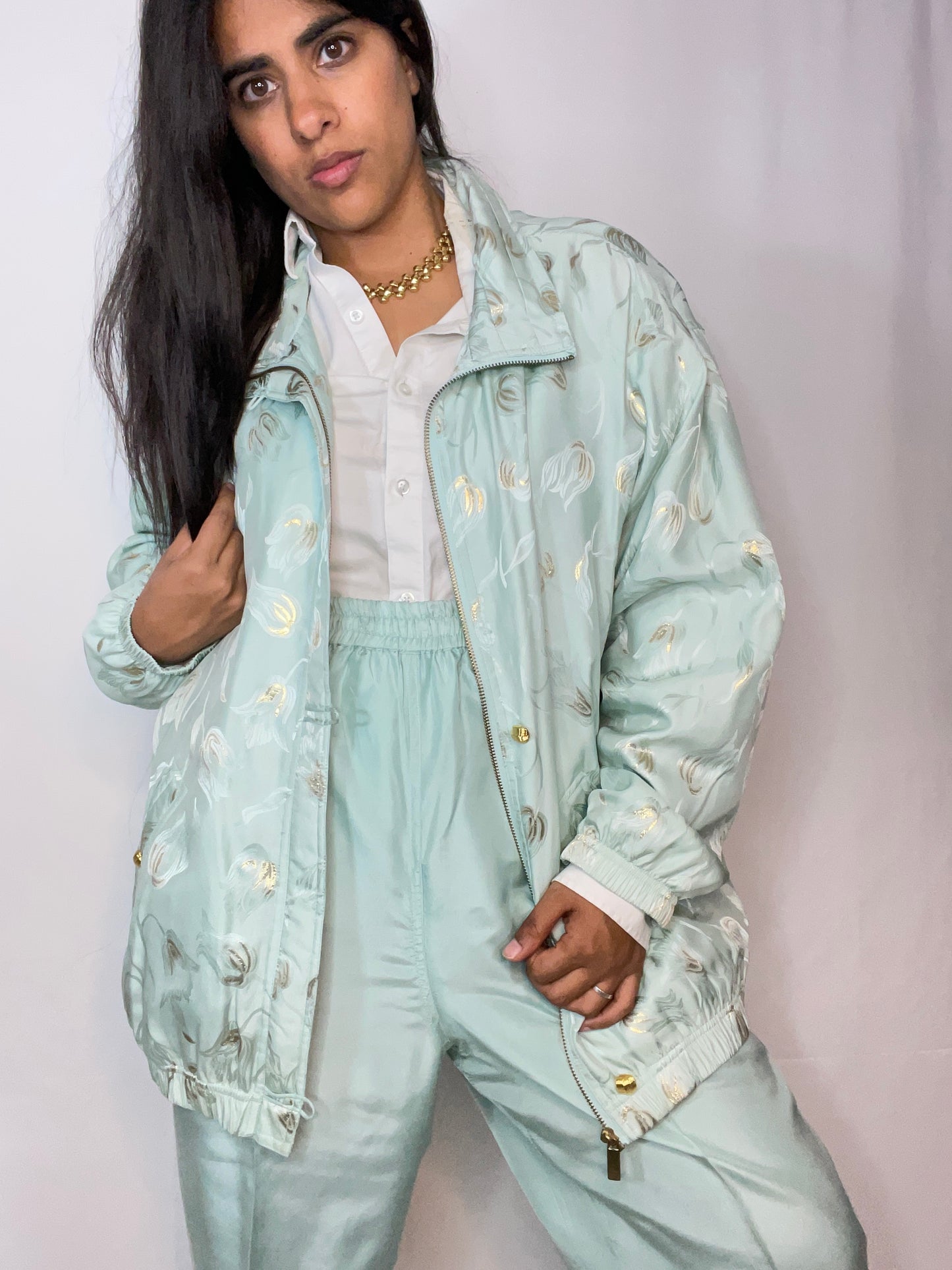 Two Piece Mint Silk Bomber + Pant Set (L/XL)