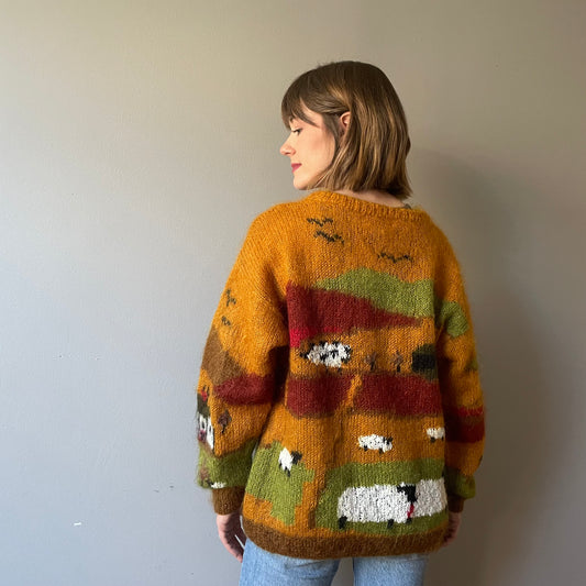 Vintage Scenic Mustard Mohair Pastoral Knit (Size M)