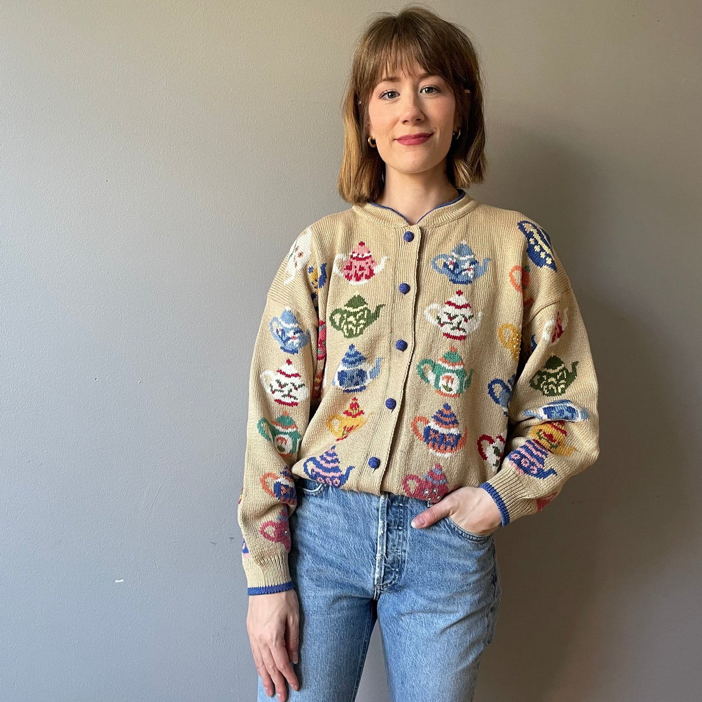 Vintage Teapot Themed Knit by Christine Foley (Size L/XL)