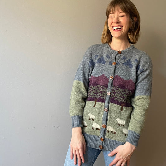 Vintage Scenic Sheep Cardigan by New Wool (Size XS/S)