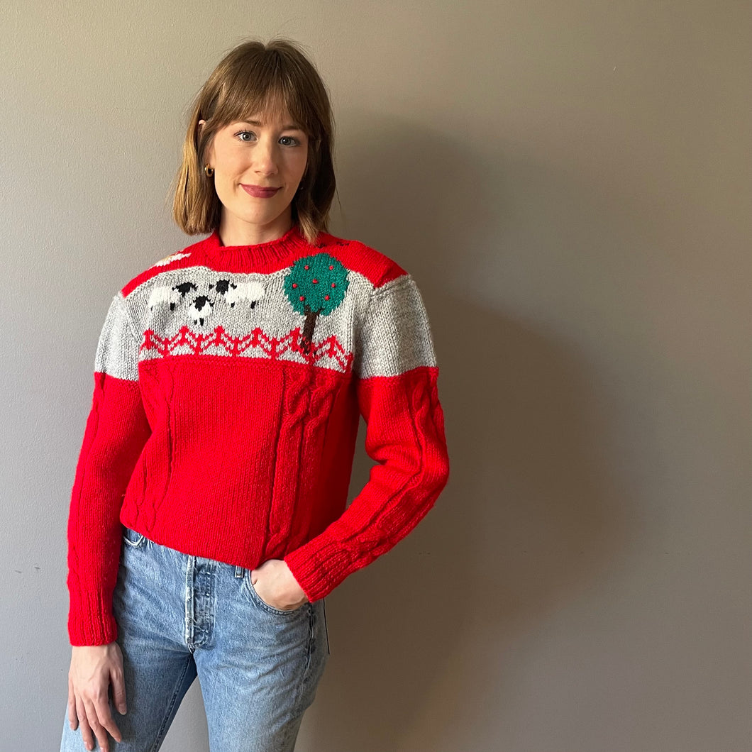 Vintage Cherry Red Sheep Sweater (Size XS/S)