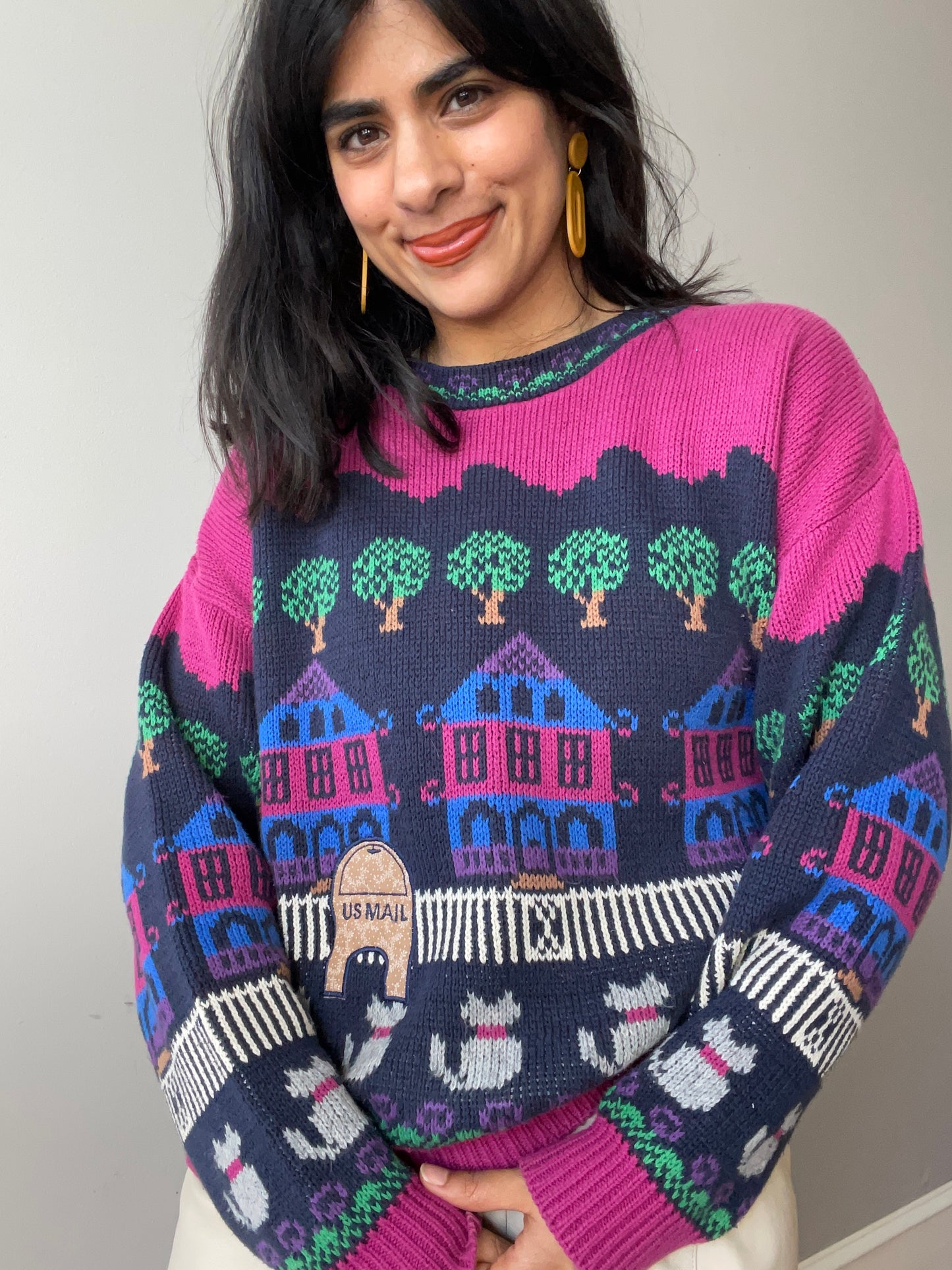 Whimsical Neighborhood Scenic Sweater by Bonnie Noble (Size L)