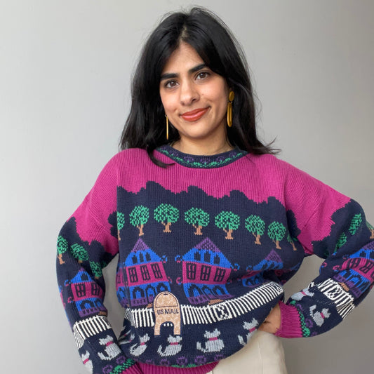 Whimsical Neighborhood Scenic Sweater by Bonnie Noble (Size L)