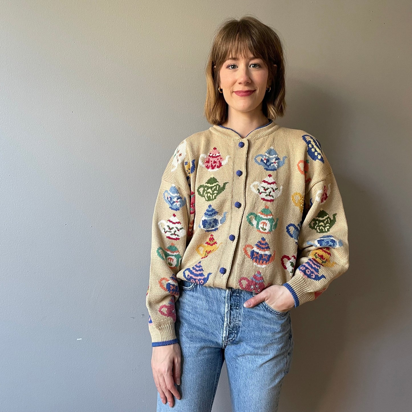 Vintage Teapot Themed Knit by Christine Foley (Size L/XL)