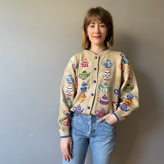 Vintage Teapot Themed Knit by Christine Foley (Size L/XL)