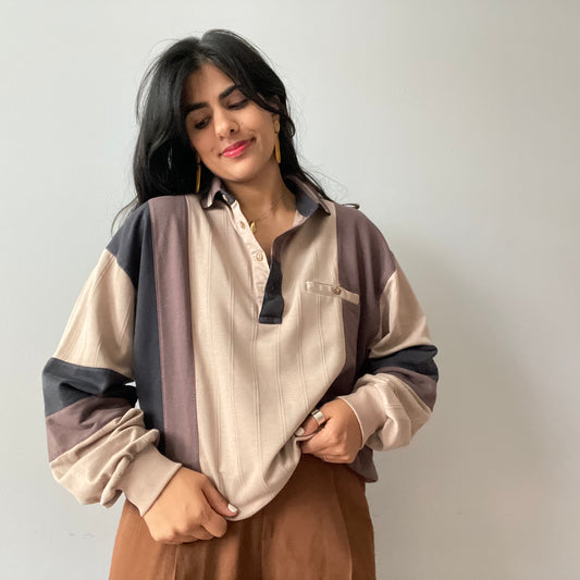 Vintage Colorblock Brown Tone Rugby Shirt