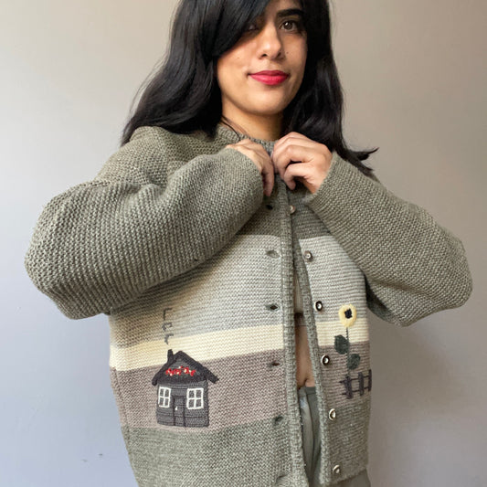 Vintage Chunky Village Scene Sweater (Size M)