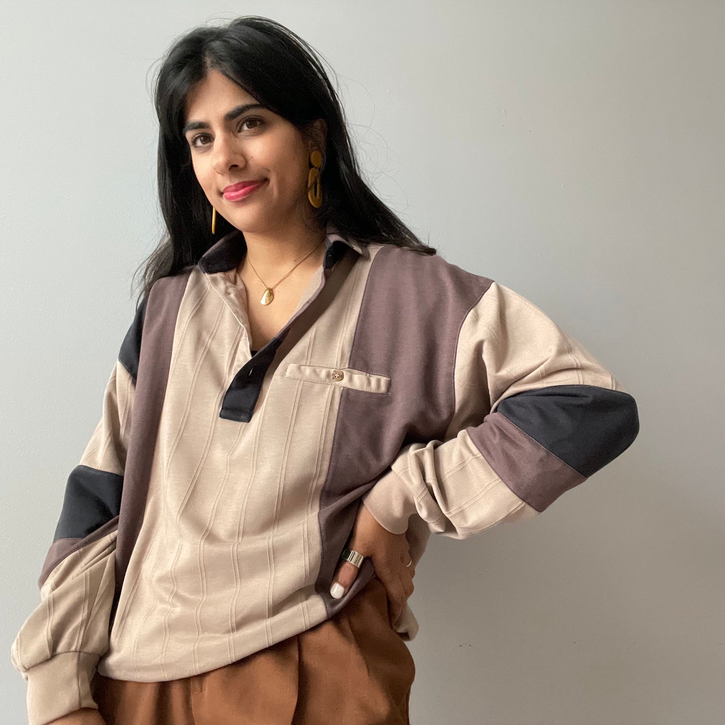 Vintage Colorblock Brown Tone Rugby Shirt
