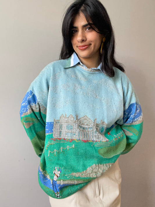Vintage Scenic Golf Knit with Embroidery by St. Croix (Size L)