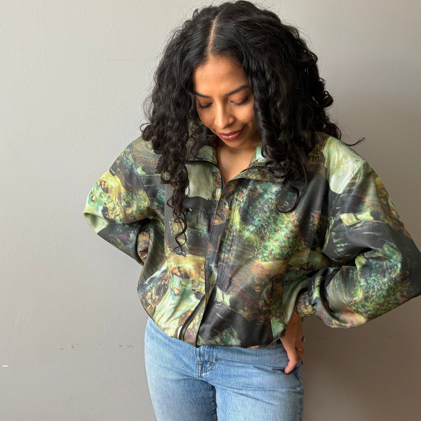 Impressionist Print Silk Bomber Jacket (Small)