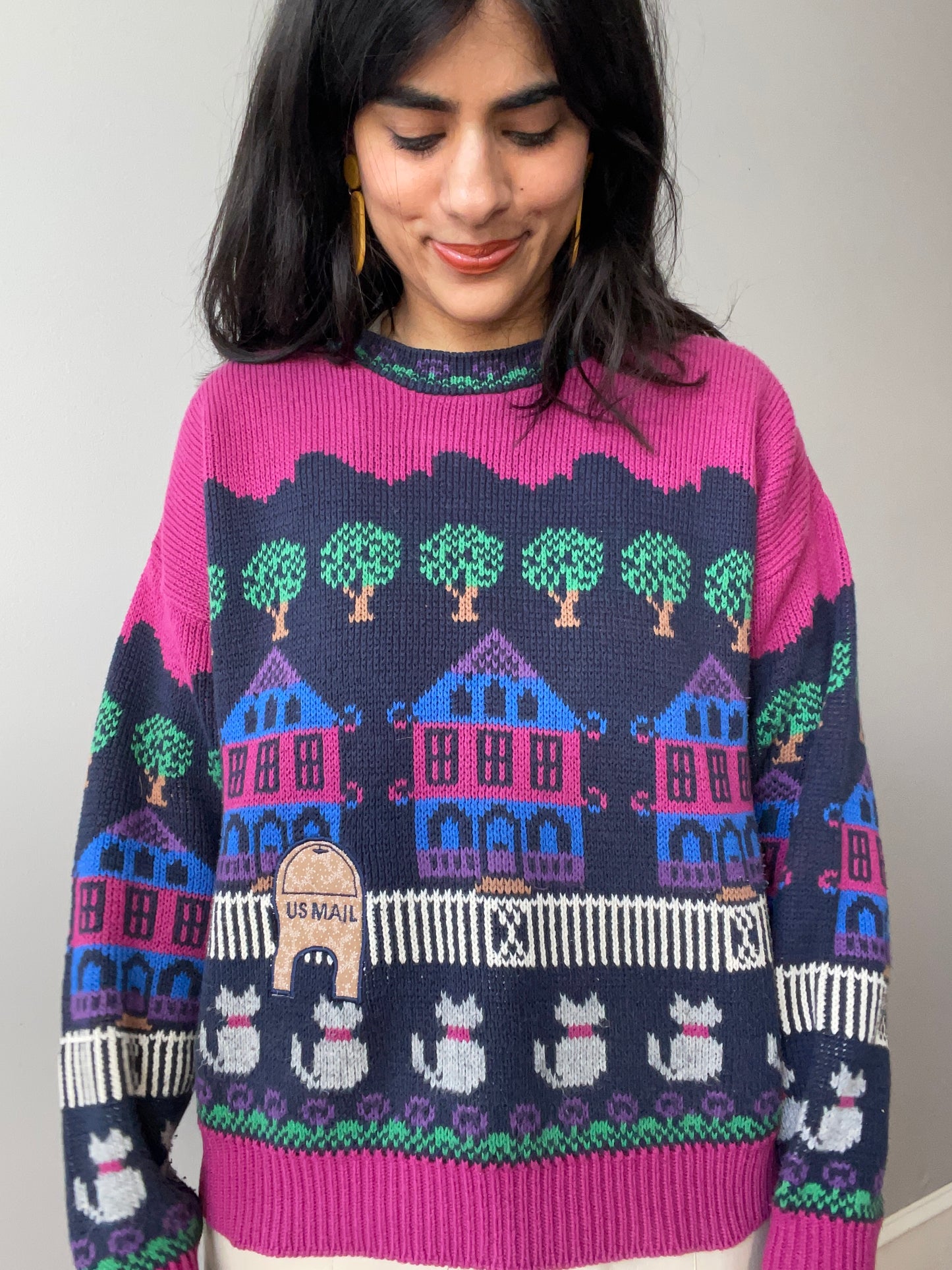 Whimsical Neighborhood Scenic Sweater by Bonnie Noble (Size L)
