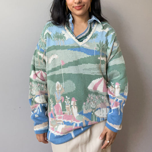 Vintage Pastel Patio Scene Golf Knit (Size L)