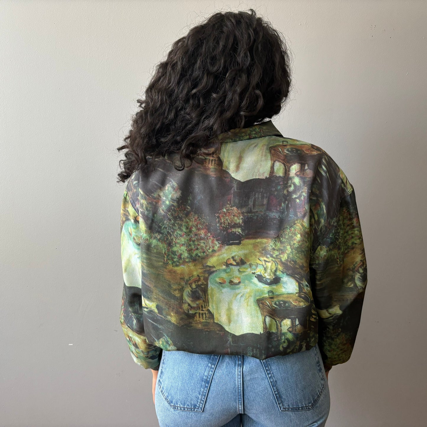Impressionist Print Silk Bomber Jacket (Small)