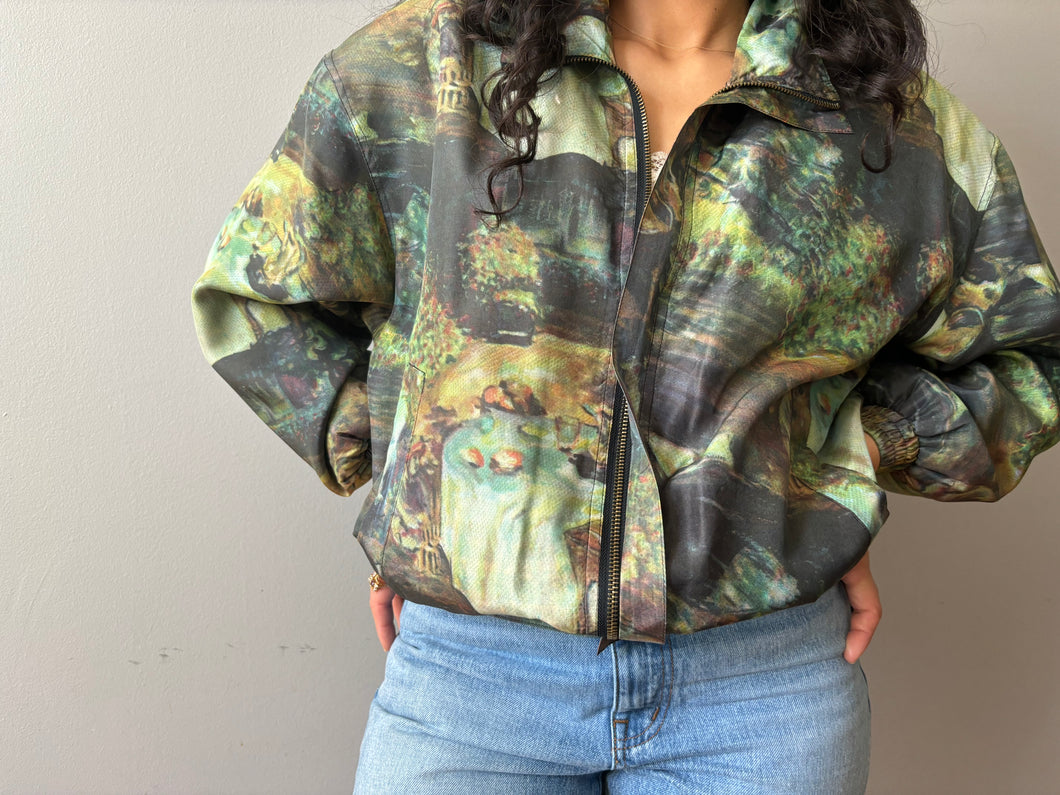 Impressionist Print Silk Bomber Jacket (Small)