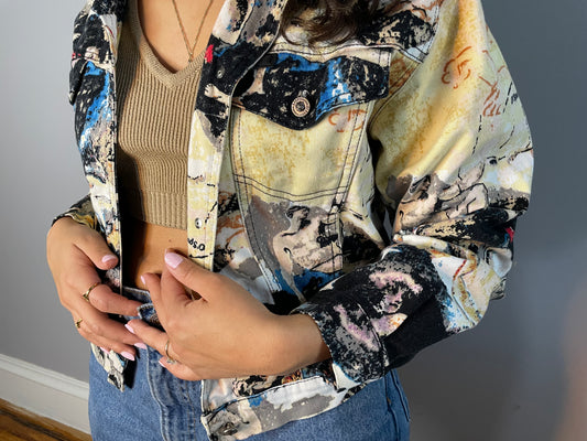 Vtg Abstract Roman Theme Denim Jacket (Medium)