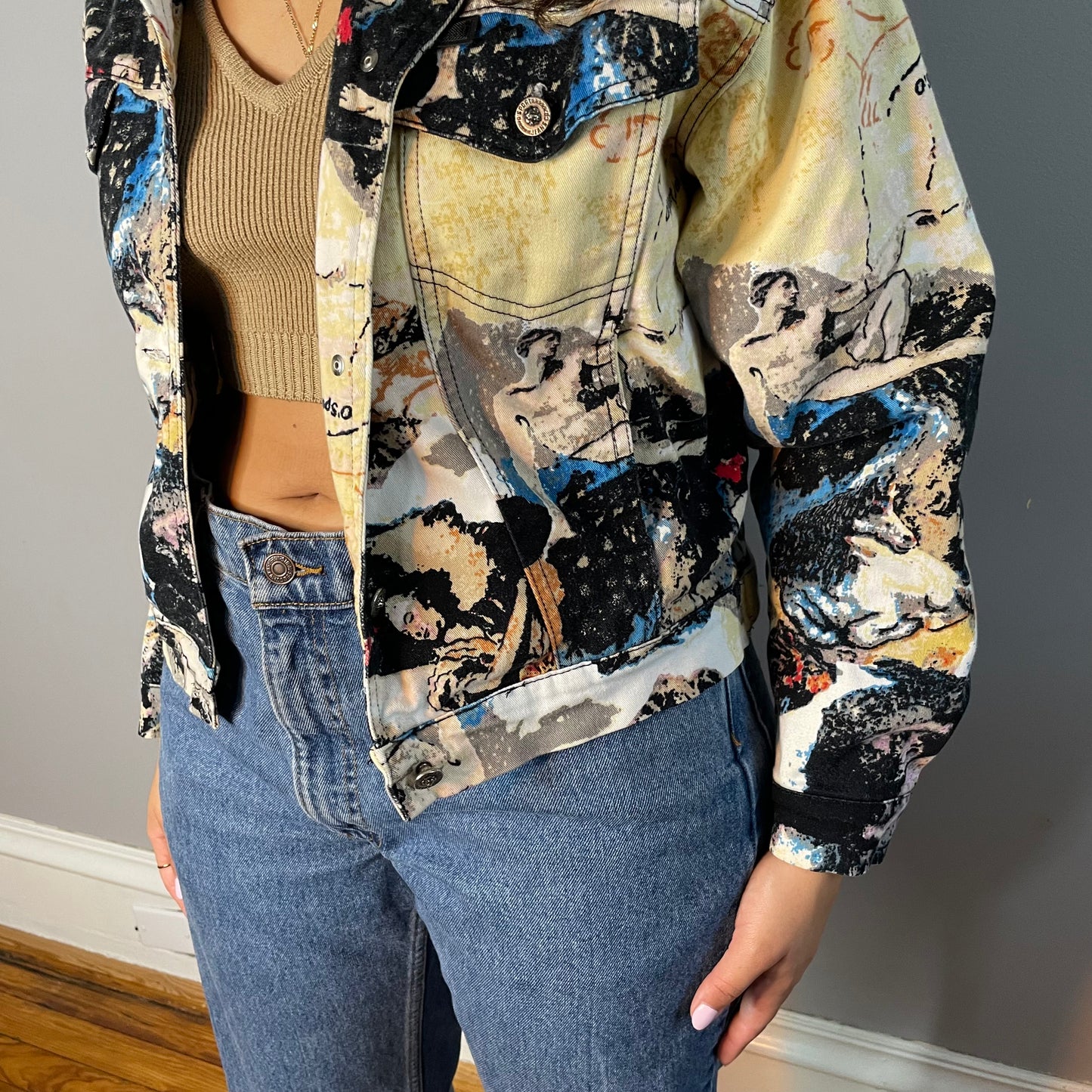 Vtg Abstract Roman Theme Denim Jacket (Medium)