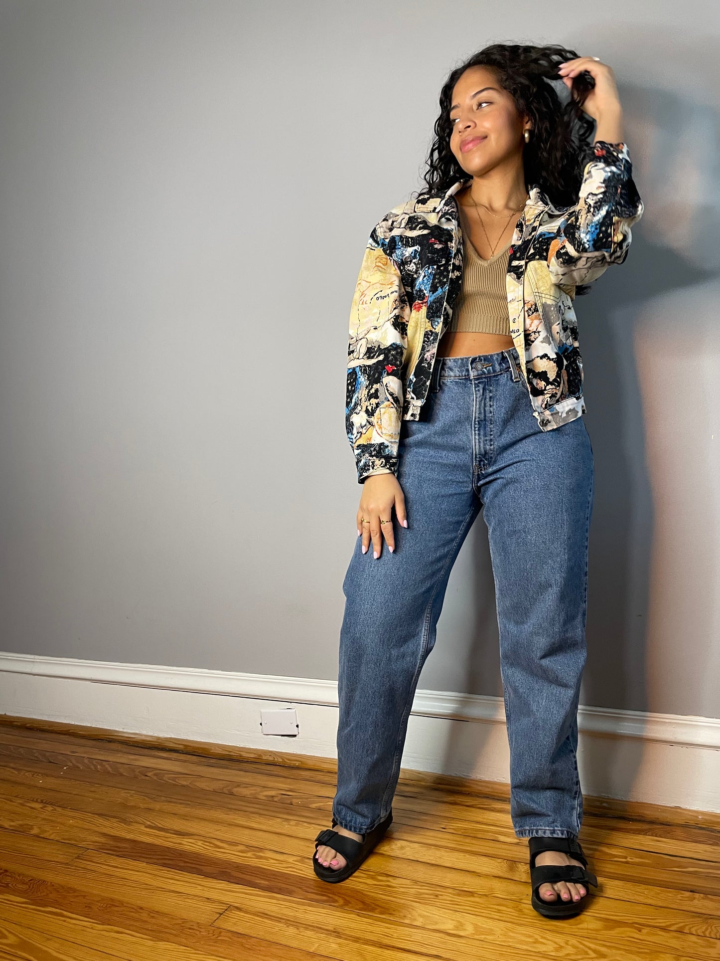 Vtg Abstract Roman Theme Denim Jacket (Medium)