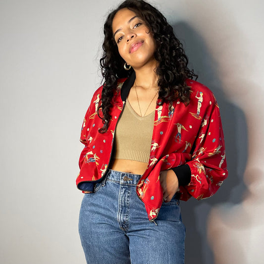 Vintage Silk Baseball Print Bomber (Medium)