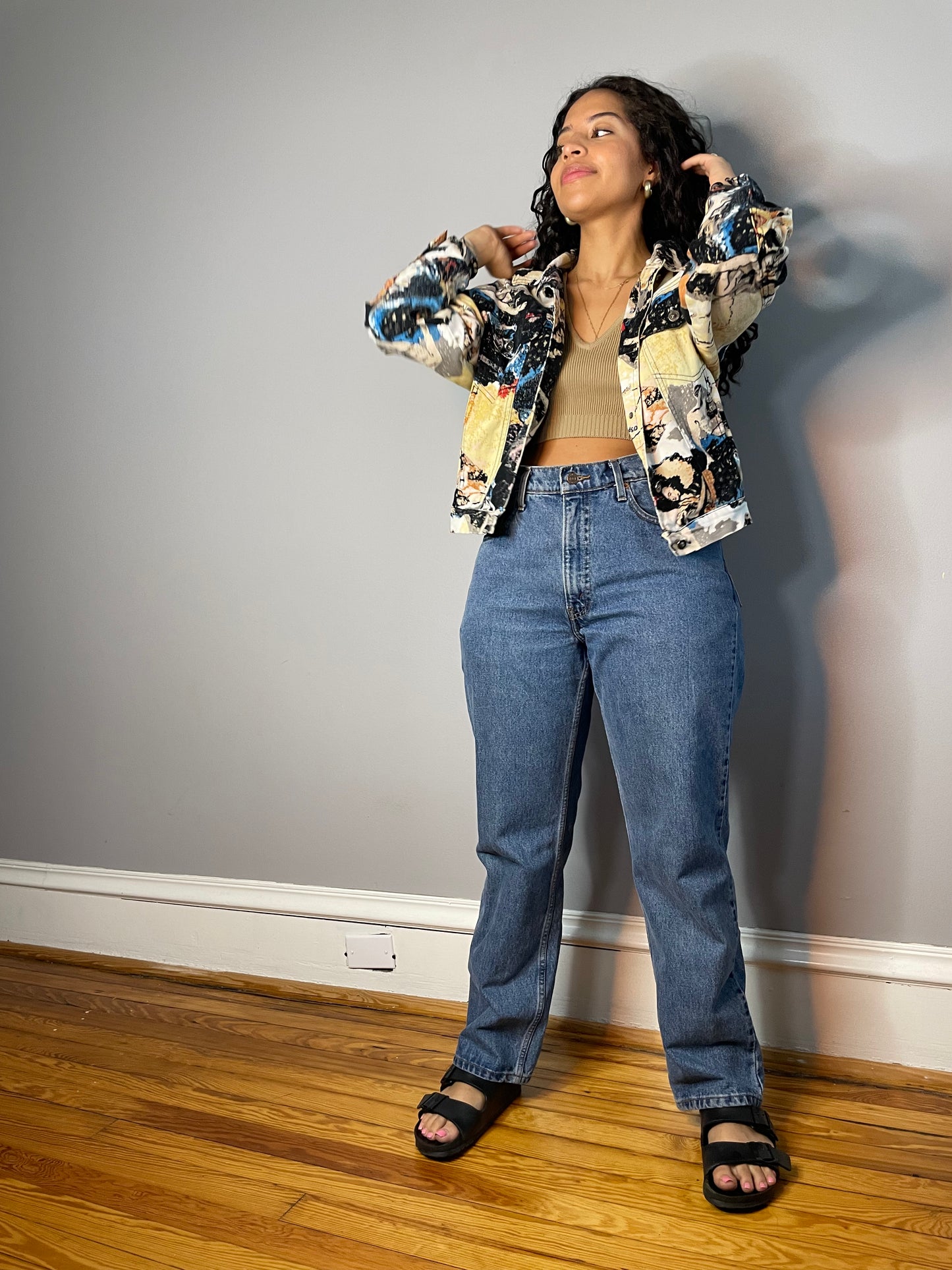 Vtg Abstract Roman Theme Denim Jacket (Medium)