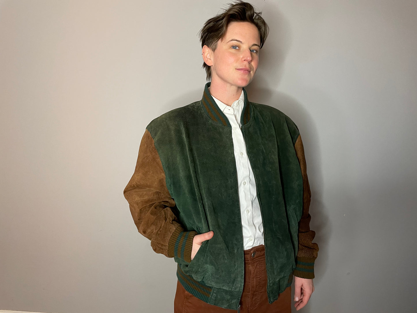 Vtg Green & Brown Suede Colorblock Jacket (Men's M/L)