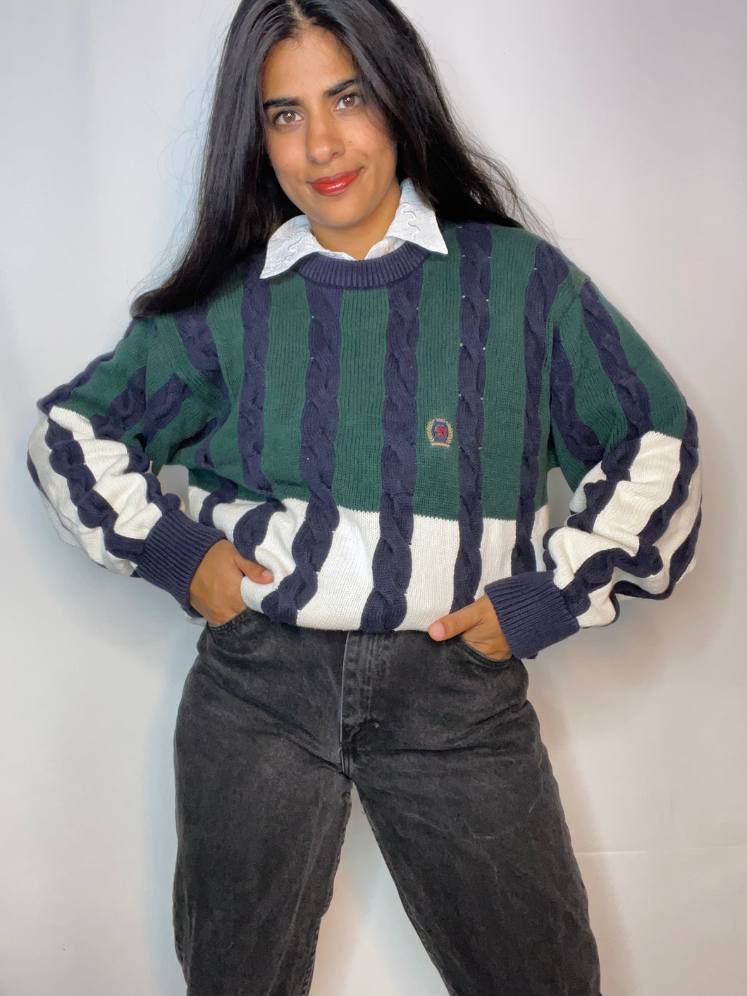 90s Two Tone Cable Knit Sweater (L)