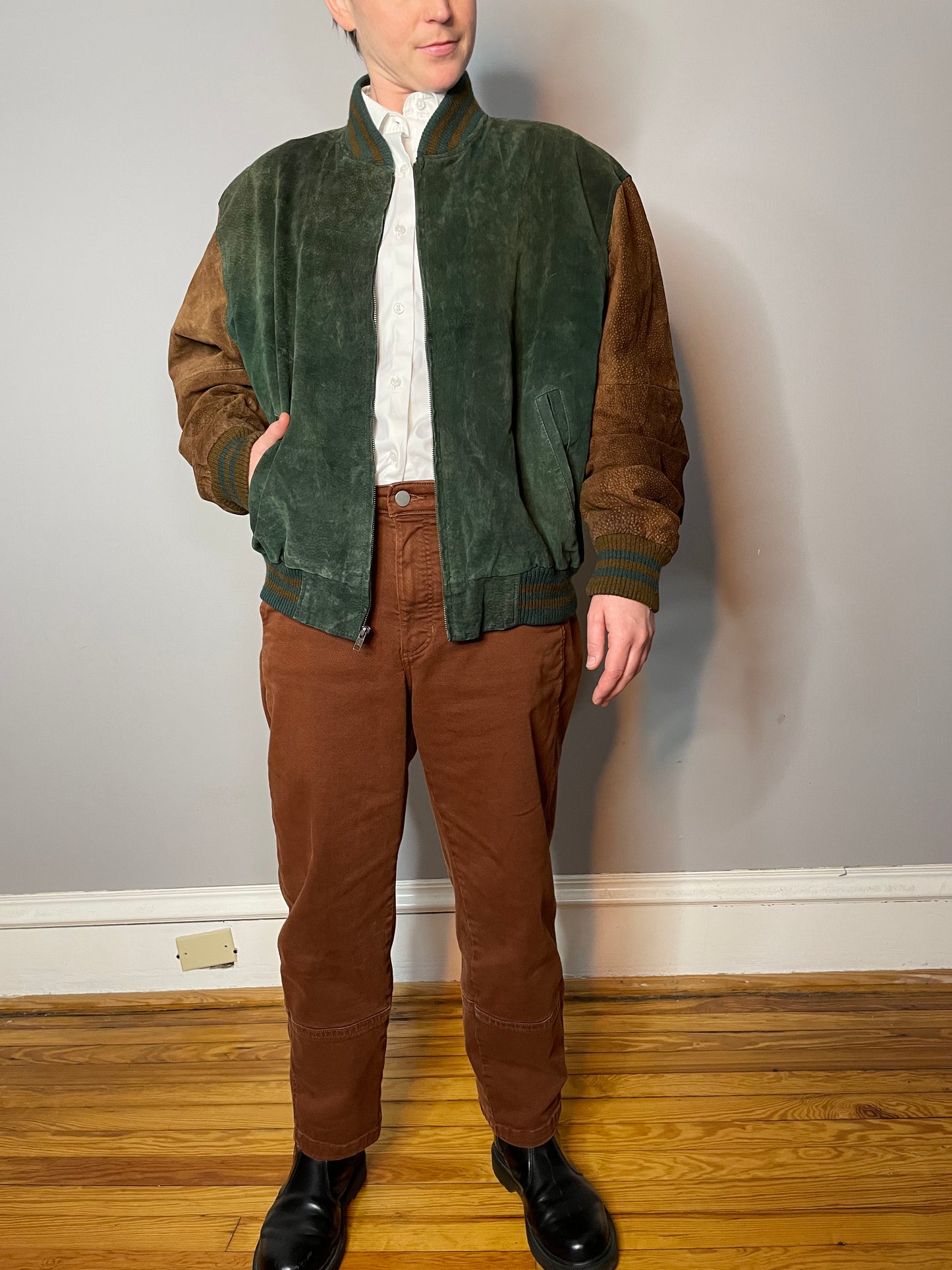 Vtg Green & Brown Suede Colorblock Jacket (Men's M/L)