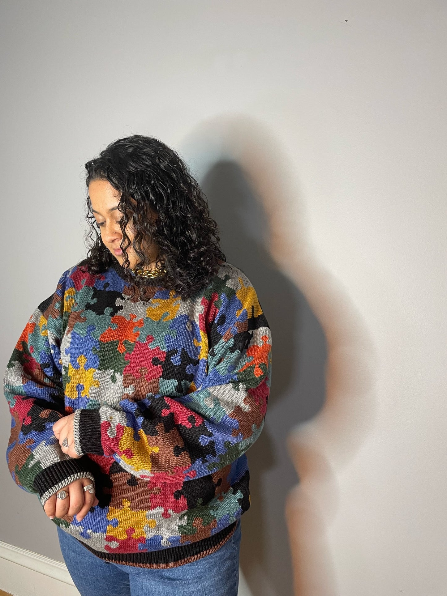 Vtg Puzzle Print Cotton Jumper (Women's XL)