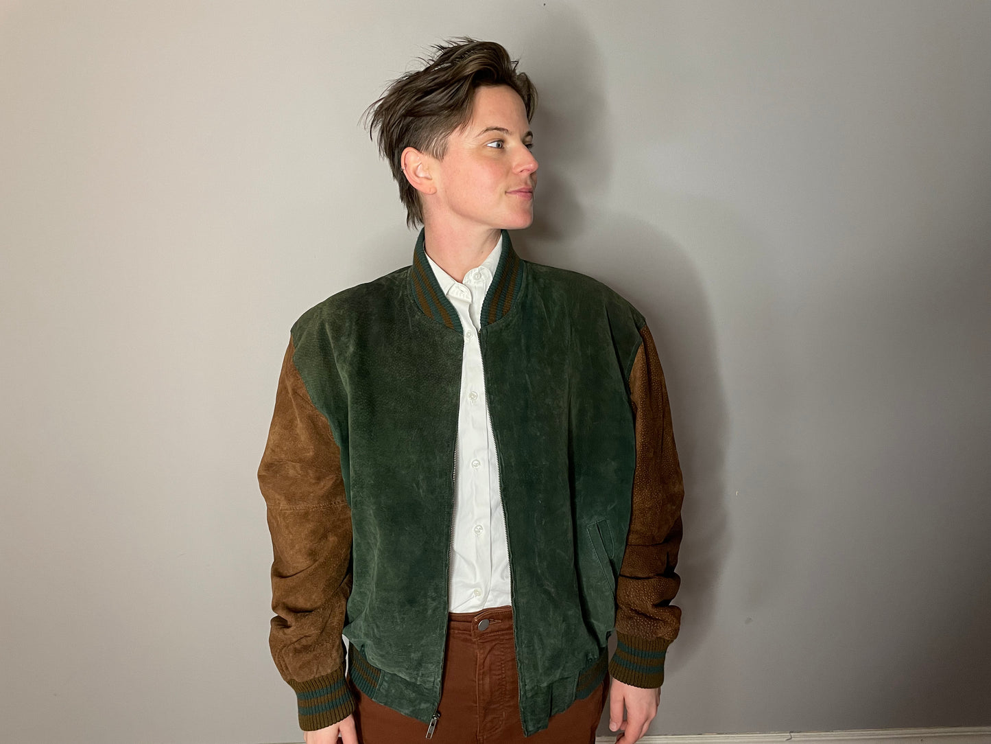 Vtg Green & Brown Suede Colorblock Jacket (Men's M/L)