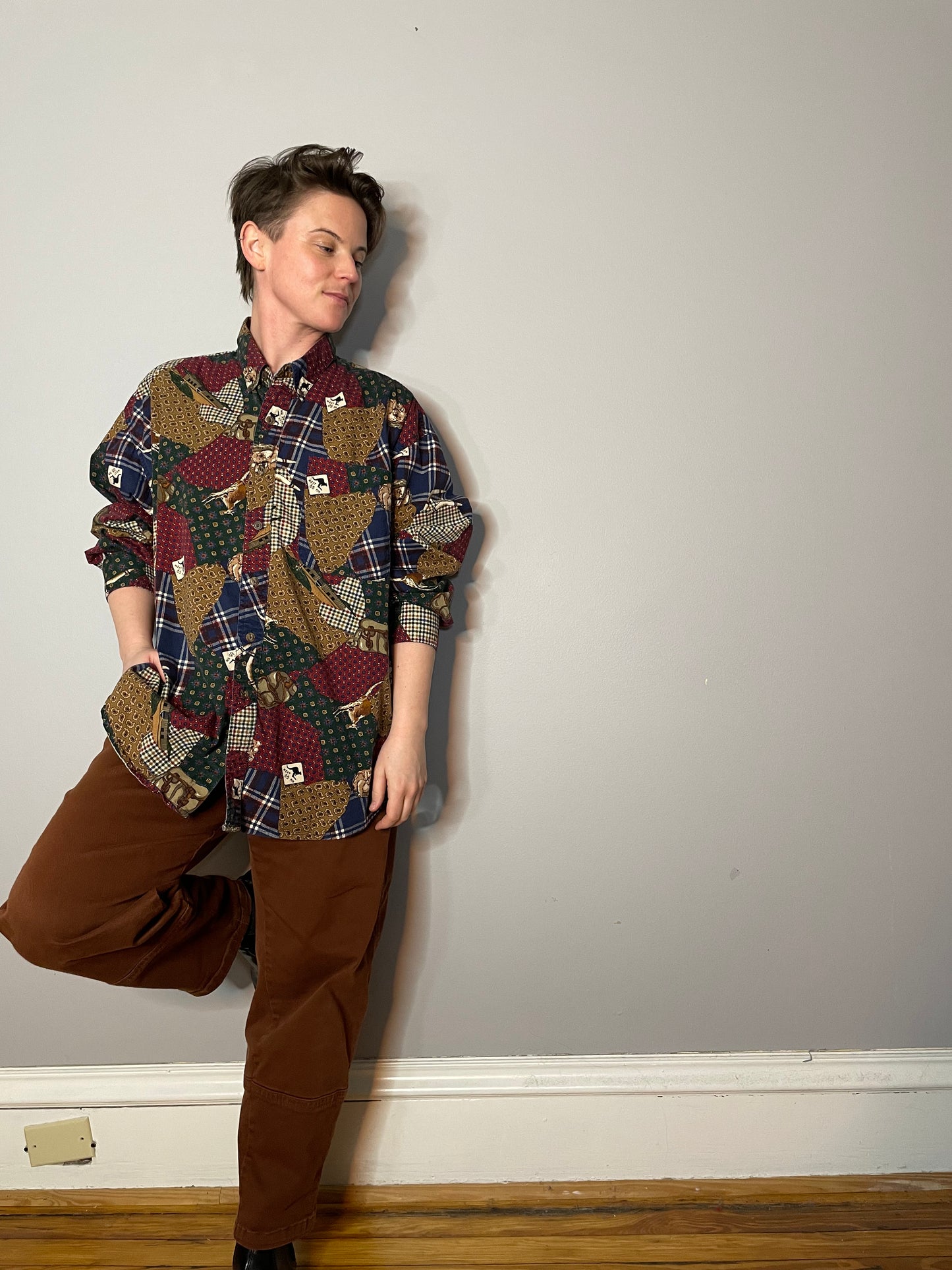 Vtg Australian Themed Patchwork Button Down (Men's XL)