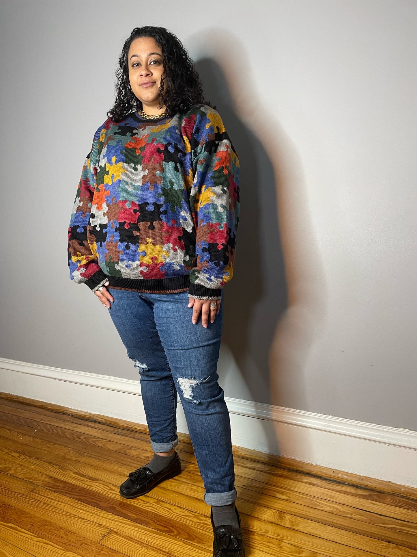 Vtg Puzzle Print Cotton Jumper (Women's XL)