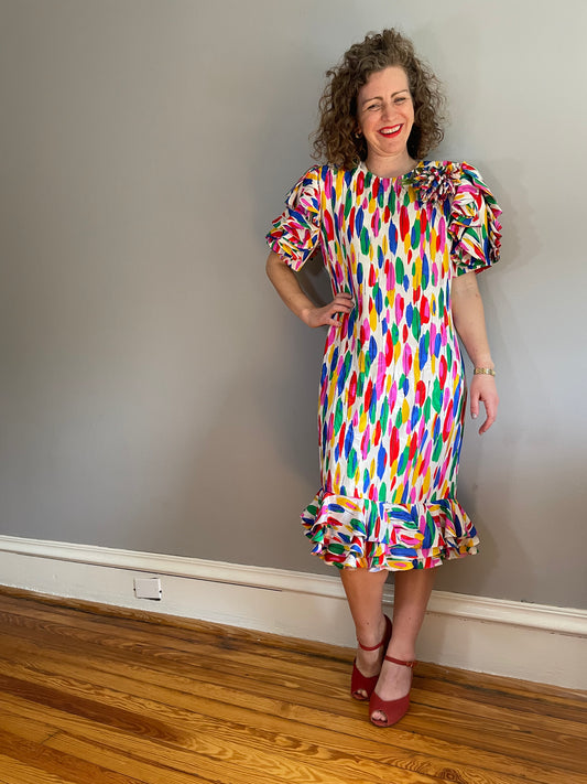 Rare Vintage Saks Fifth Silk Rainbow Ruffle Dress (Medium/Large)