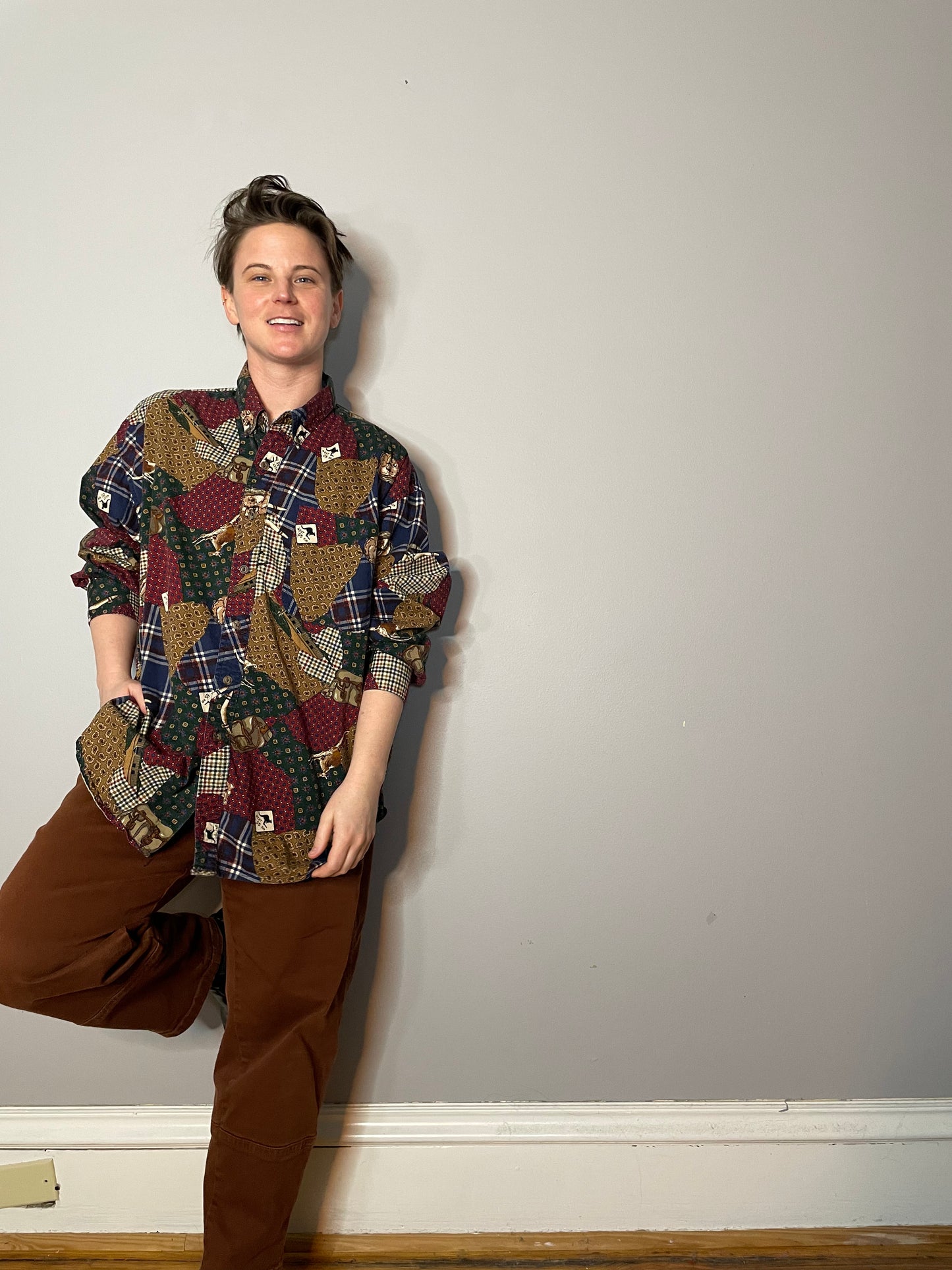 Vtg Australian Themed Patchwork Button Down (Men's XL)