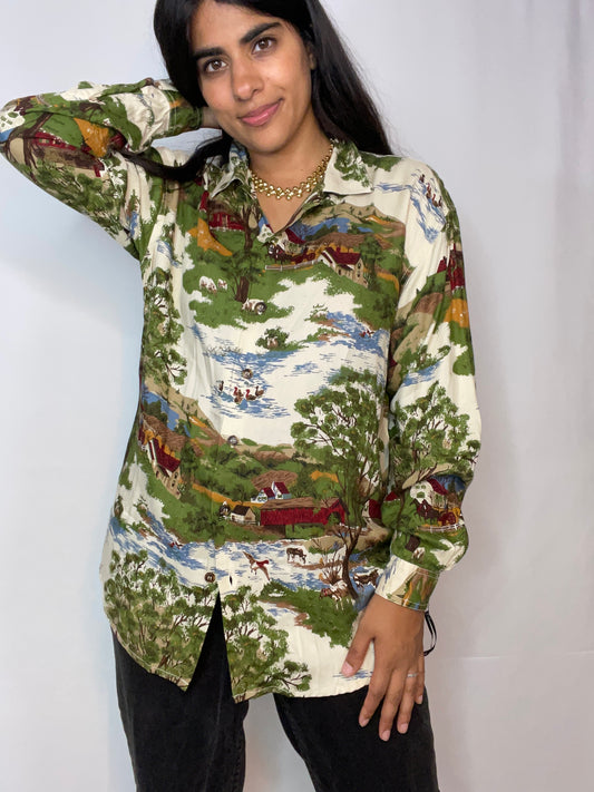 Vintage Scenic Country Side Button Up (M)
