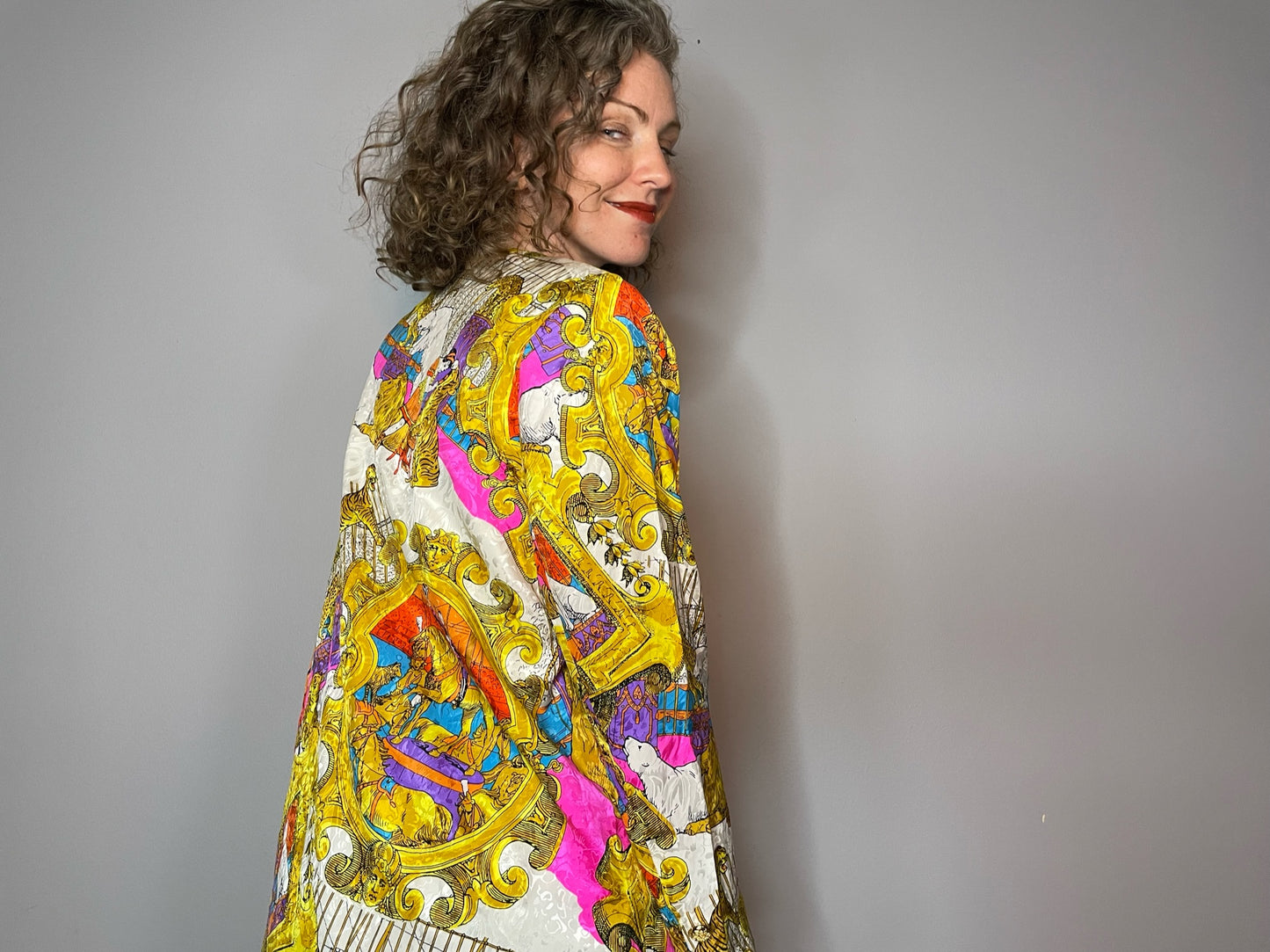 Vtg 80s Silk Diane Freis Circus Print Blazer (L)