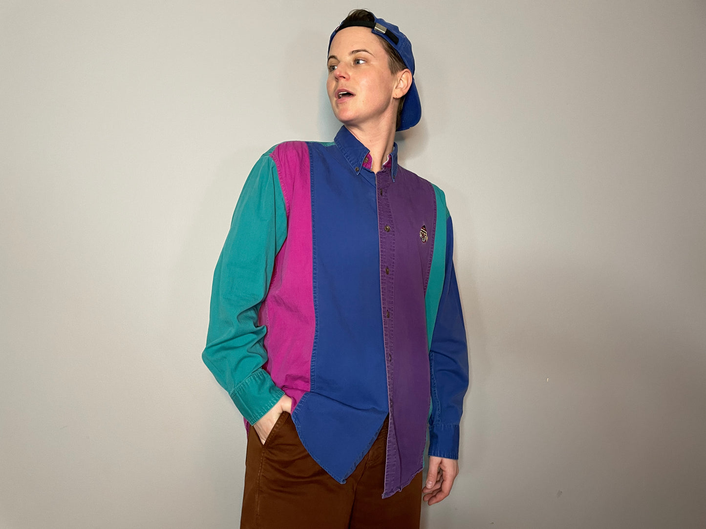 Vtg Purple, Teal, Pink Colorblock Button Up (Men's M)