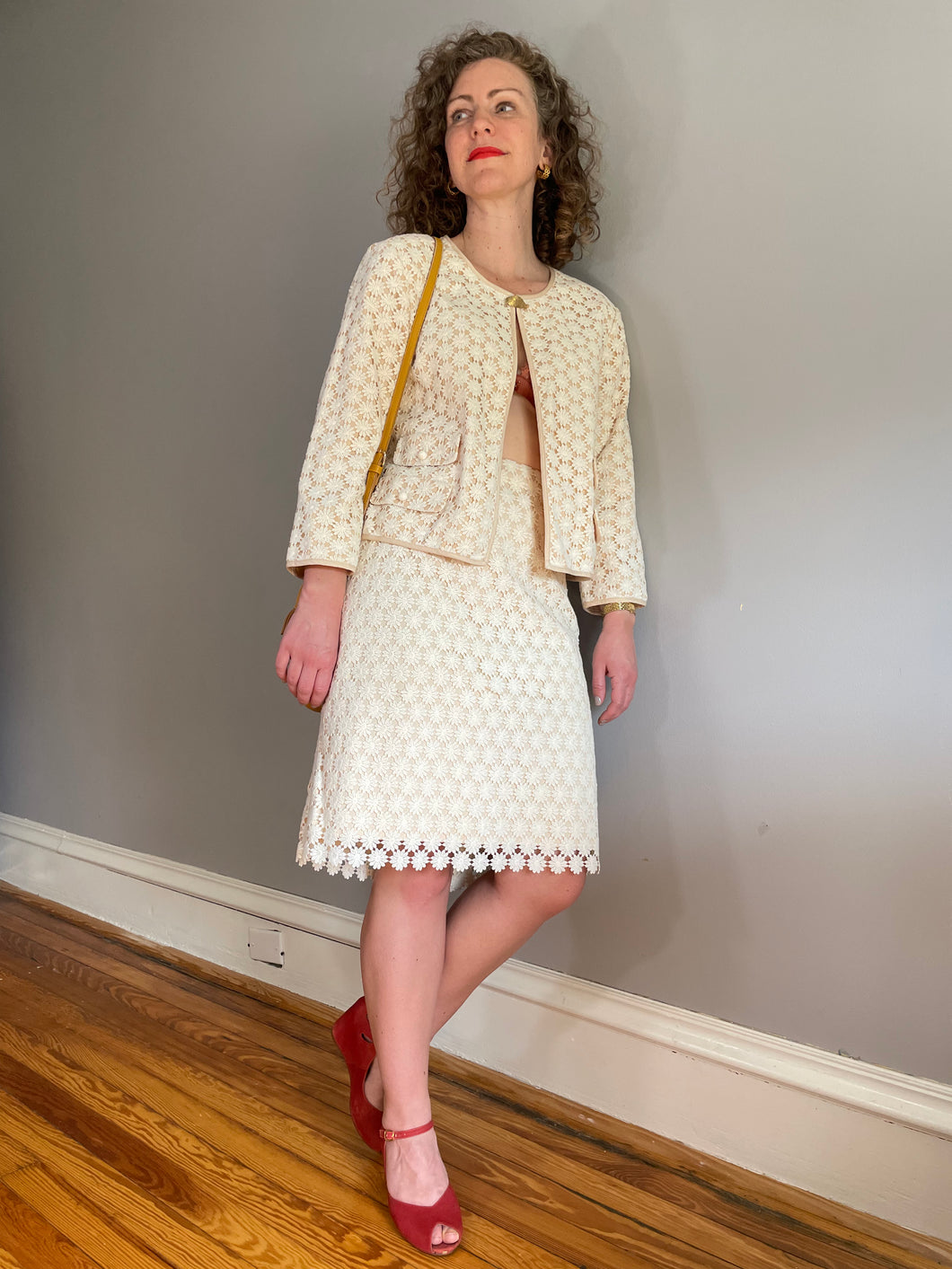 Two Piece Daisy Lace Blazer + Skirt Suit (Medium)