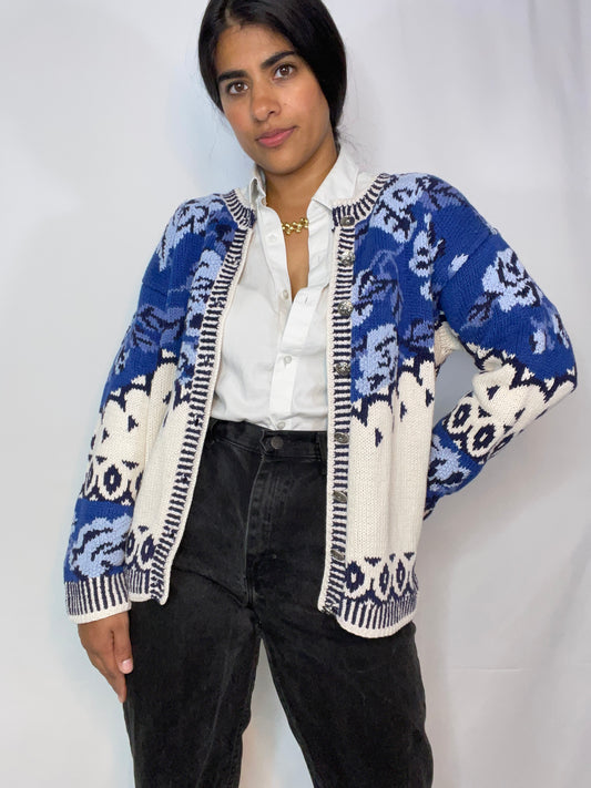 Vintage 80s Blue and White Floral Handmade Knit (Small)
