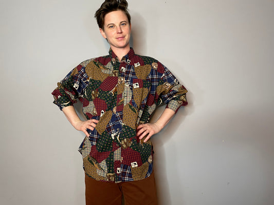 Vtg Australian Themed Patchwork Button Down (Men's XL)