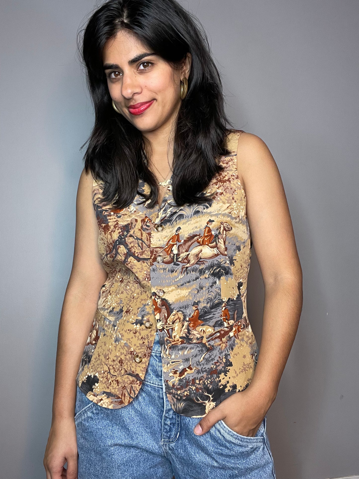 Vtg Silk Equestrian Theme Vest