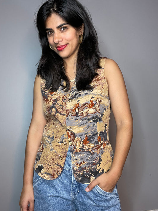 Vtg Silk Equestrian Theme Vest