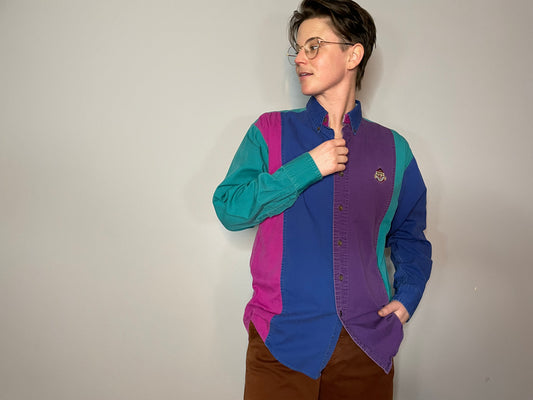 Vtg Purple, Teal, Pink Colorblock Button Up (Men's M)