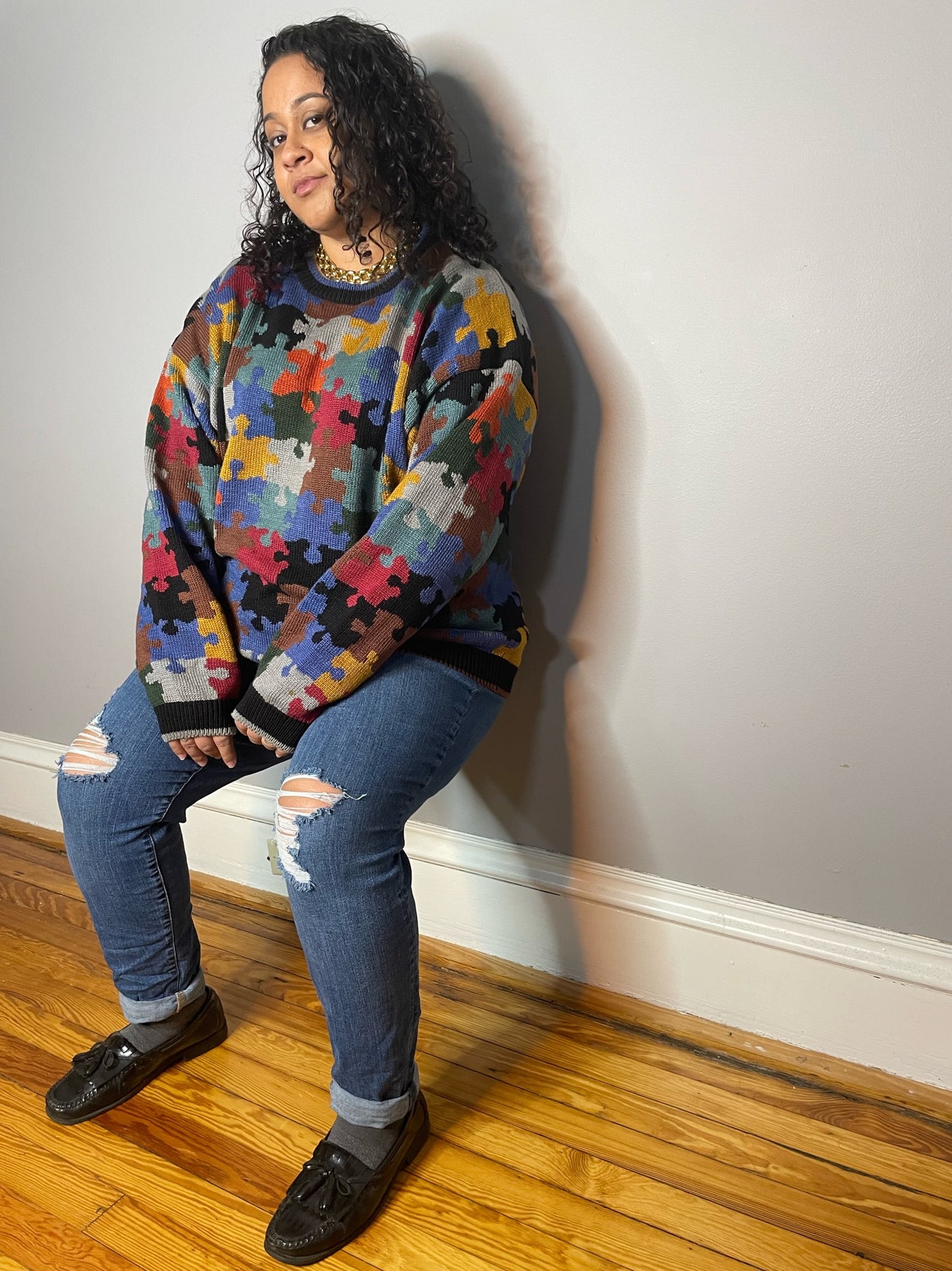 Vtg Puzzle Print Cotton Jumper (Women's XL)