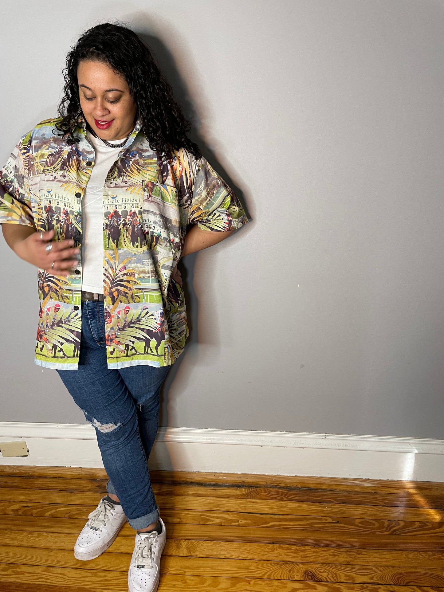 Vtg Pictoral Horse Track Button Up