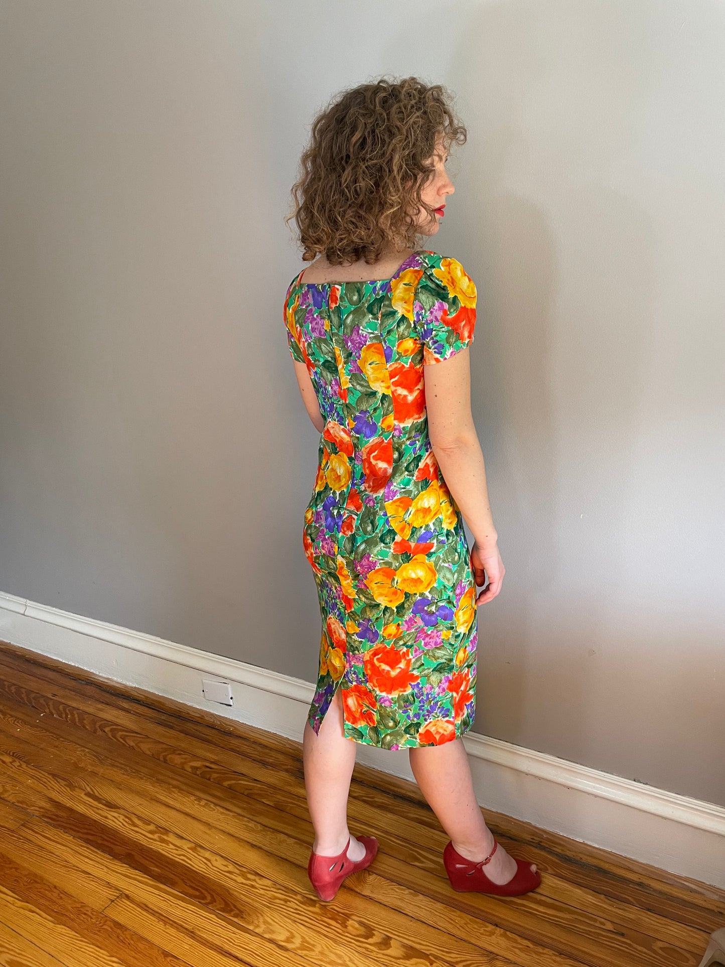 Vtg Rainbow Silk Floral Sheath Dress (Small)