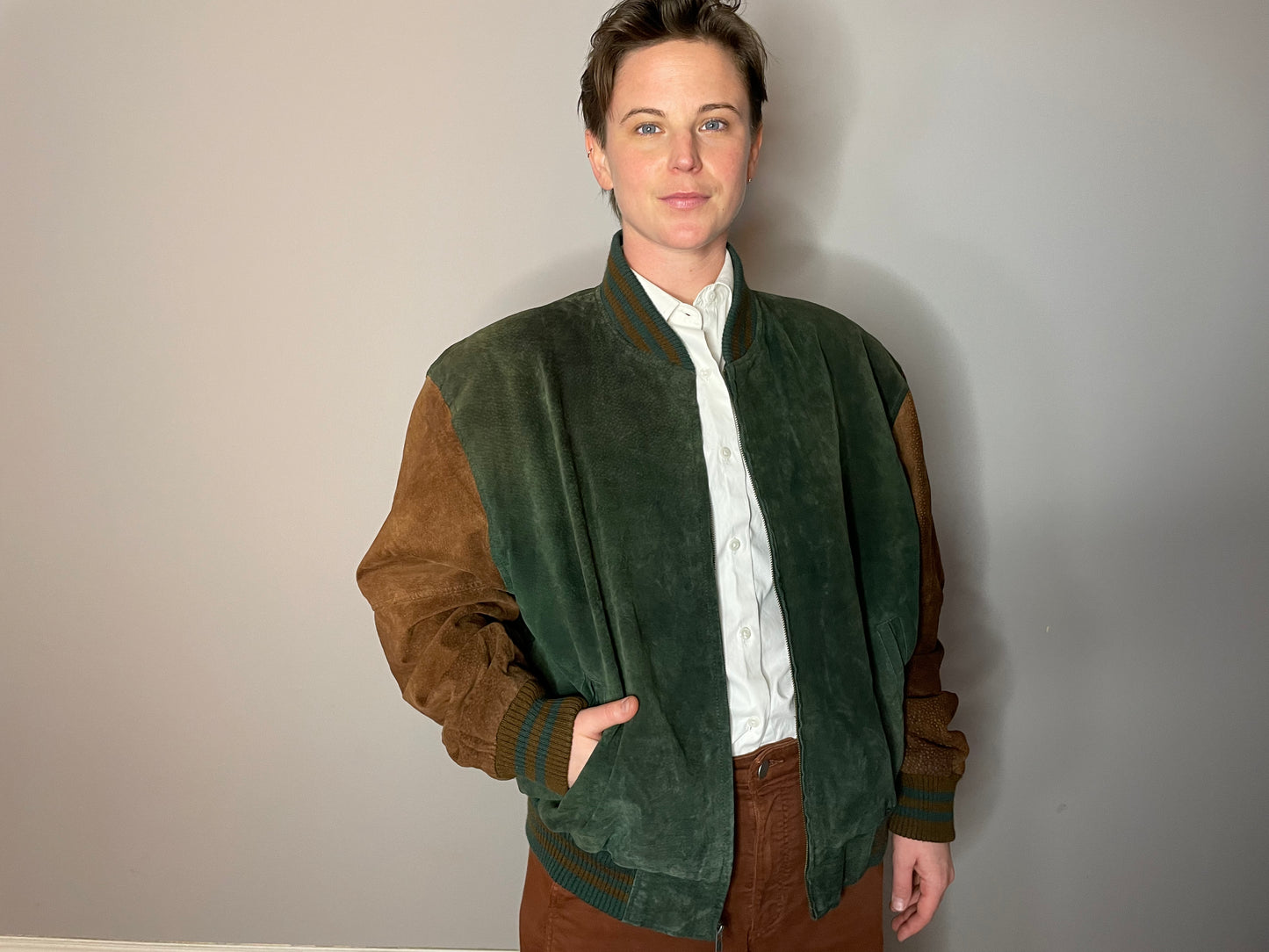Vtg Green & Brown Suede Colorblock Jacket (Men's M/L)