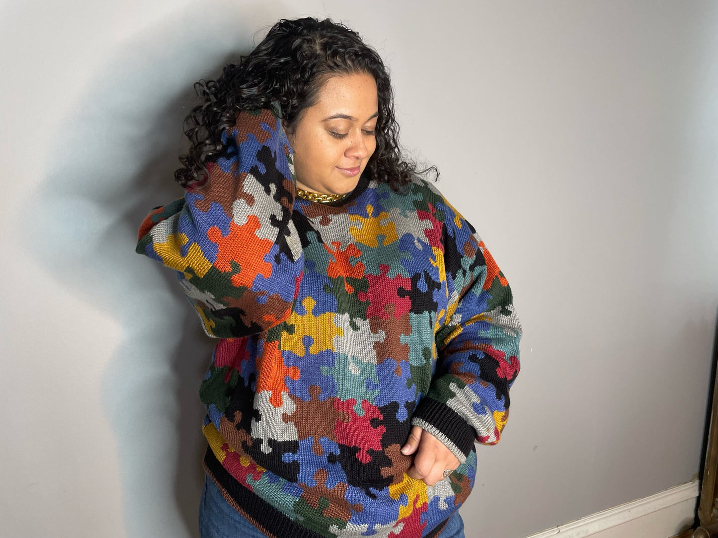 Vtg Puzzle Print Cotton Jumper (Women's XL)