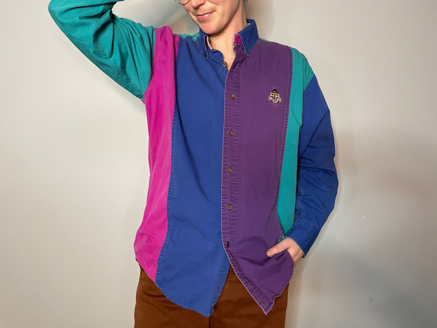 Vtg Purple, Teal, Pink Colorblock Button Up (Men's M)