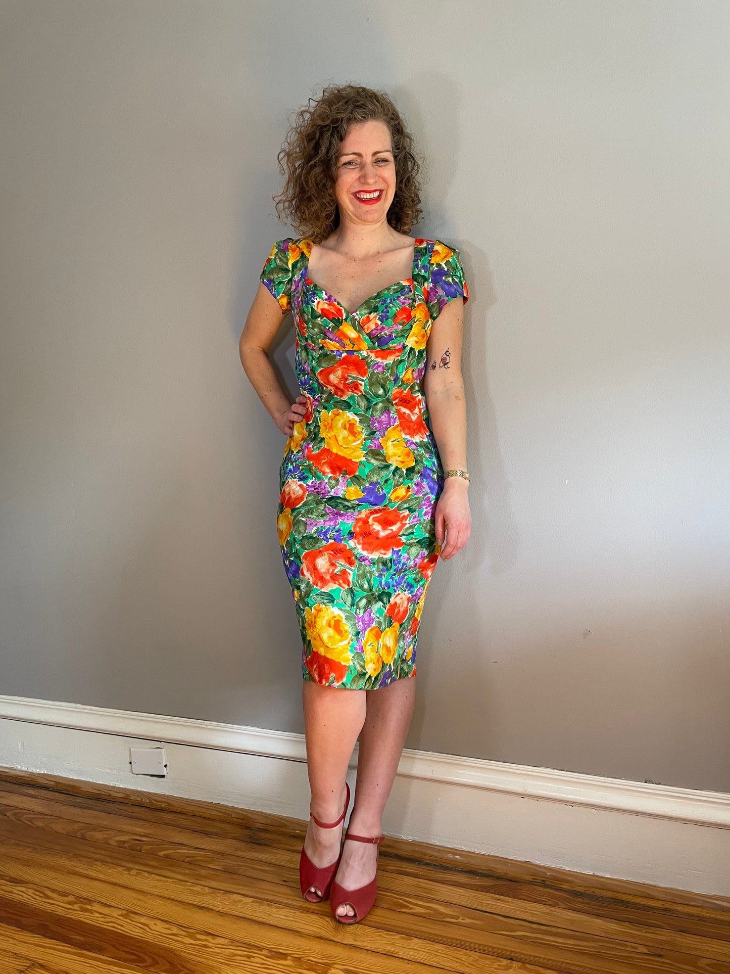 Vtg Rainbow Silk Floral Sheath Dress (Small)